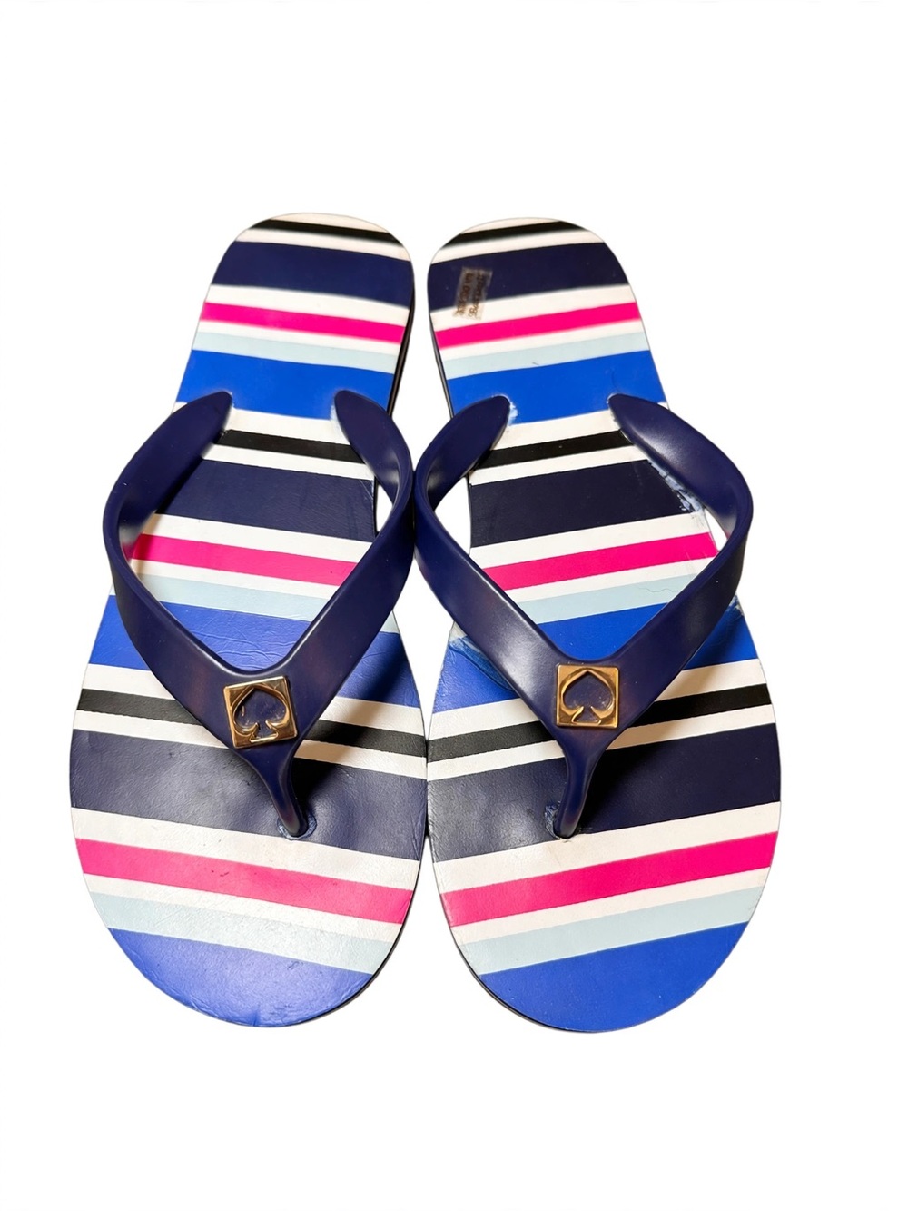Kate Spade New York Navy Stripe Flip Flops Sz 7-8 Gold Spade Logo